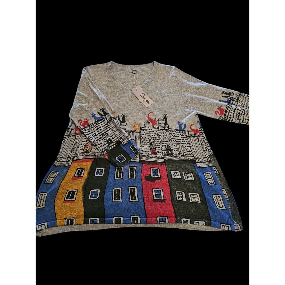 Shana Tunic Top Women's XL Cat  Print Fleece Dolman Sleeve Artsy NWT
